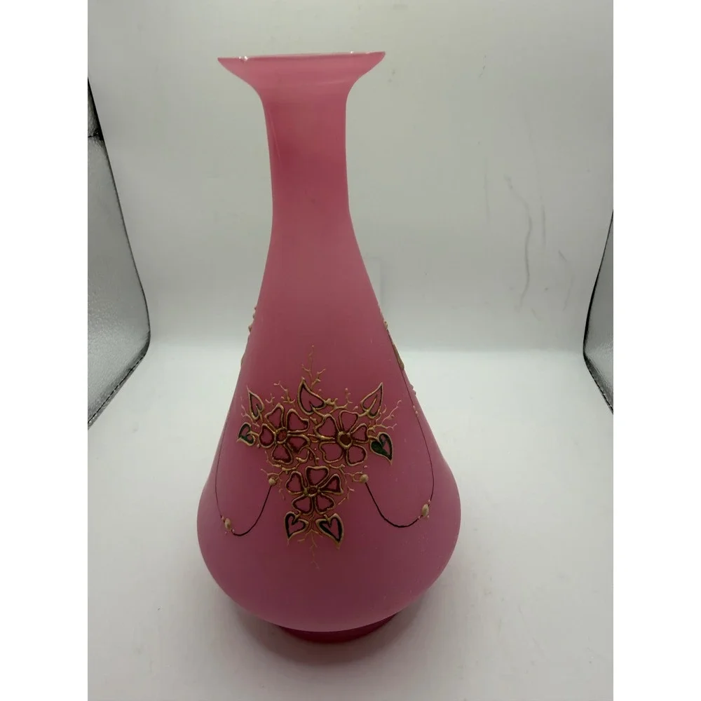 Vintage Pink‎ Satin Frosted Glass Vase Hand Painted Gold Floral Enamel 8.5 Inch